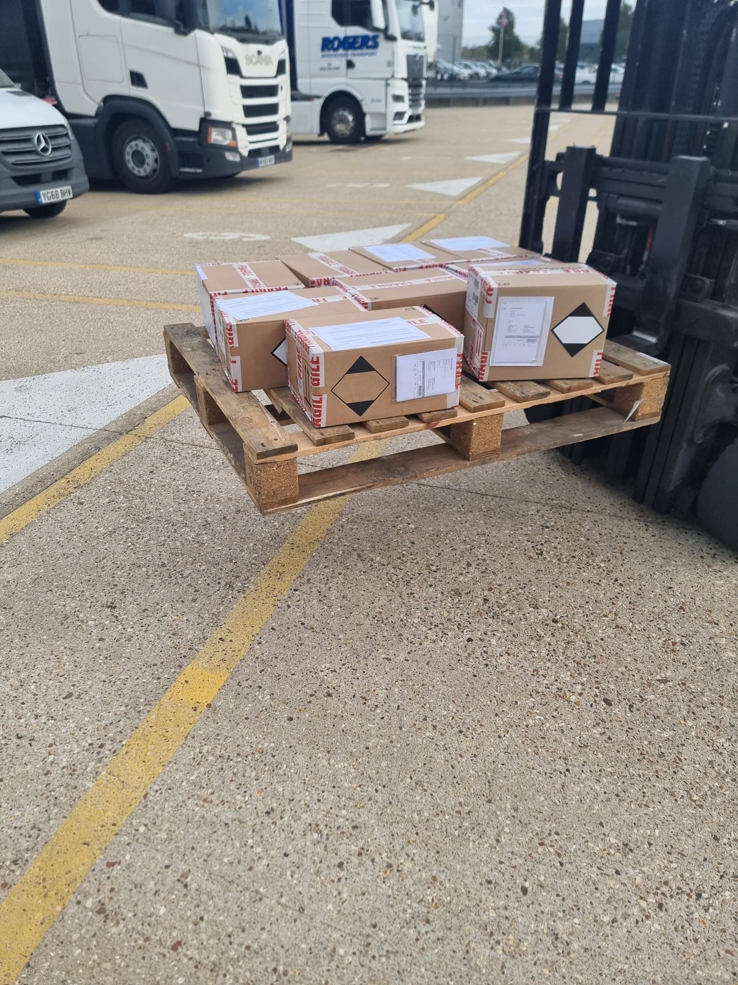 Pallet of goods on a forklift in a haulage yard